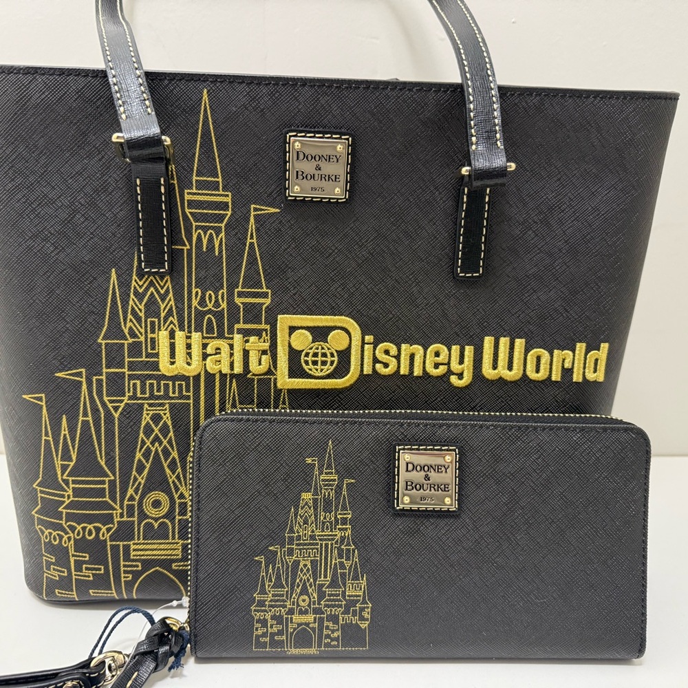 Dooney & Bourke Black and Gold Disney World Tote and Wallet
